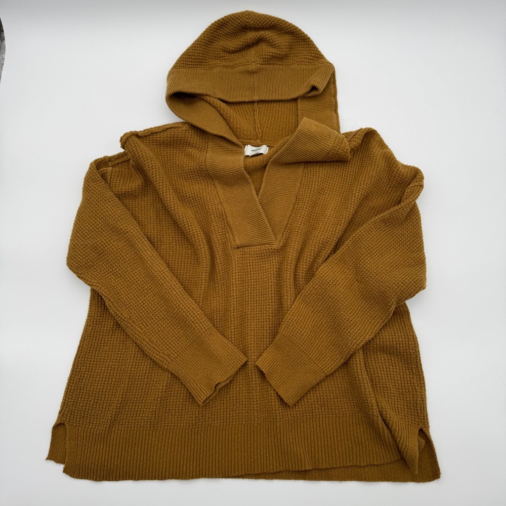 Aerie Women Mustard Waffle Knit Soft Hoodie‎ Sweater V-Neck Oversized Small
